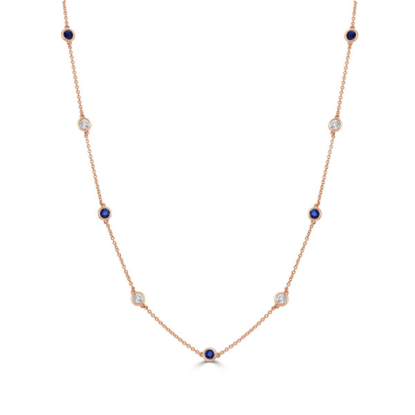 14K Rose Gold Blue Sapphire and Diamond Alternating Station Necklace - Dallas TX