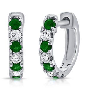 14K White Gold Alternating Green Emerald and Diamond Huggie Earrings - Dallas TX