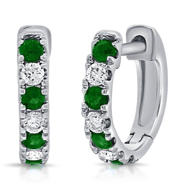 14K White Gold Alternating Green Emerald and Diamond Huggie Earrings - Dallas TX