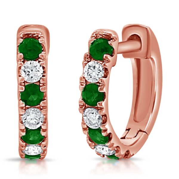 14K Rose Gold Alternating Green Emerald and Diamond Huggie Earrings - Dallas TX
