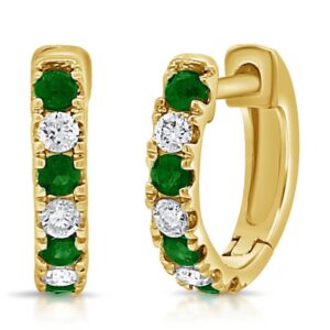 14K Yellow Gold Alternating Green Emerald and Diamond Huggie Earrings - Dallas TX