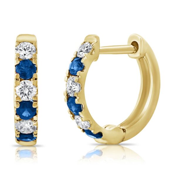 14K Yellow Gold Alternating Blue Sapphire and Diamond Huggie Earrings - Dallas TX