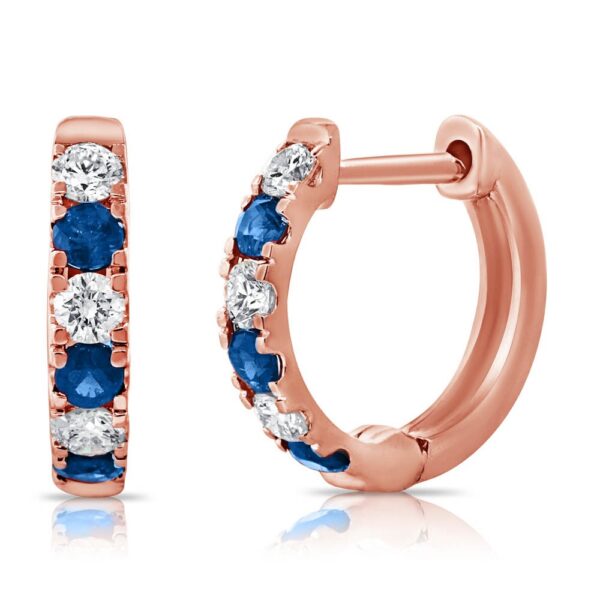 14K Rose Gold Alternating Blue Sapphire and Diamond Huggie Earrings - Dallas TX