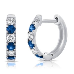 14K White Gold Alternating Blue Sapphire and Diamond Huggie Earrings - Dallas TX