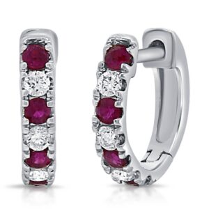 14K White Gold Alternating Ruby and Diamond Huggie Earrings - Dallas TX