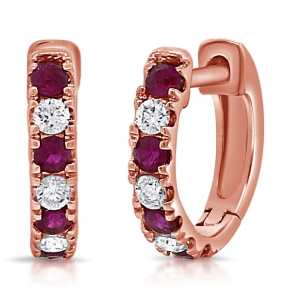 14K Rose Gold Alternating Ruby and Diamond Huggie Earrings - Dallas TX