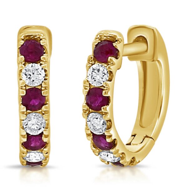 14K Yellow Gold Alternating Ruby and Diamond Huggie Earrings - Dallas TX