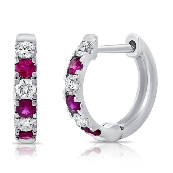 14K White Gold Ruby and Diamond Huggie Earrings - Mariloff Diamonds