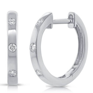 14K White Gold Three Stone Diamond Huggie Earrings - Dallas TX