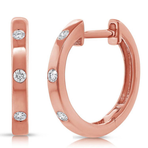 14K Rose Gold Three Stone Diamond Huggie Earrings - Dallas TX