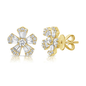 14K Yellow Gold Baguette and Round Diamond Flower Studs - Dallas TX