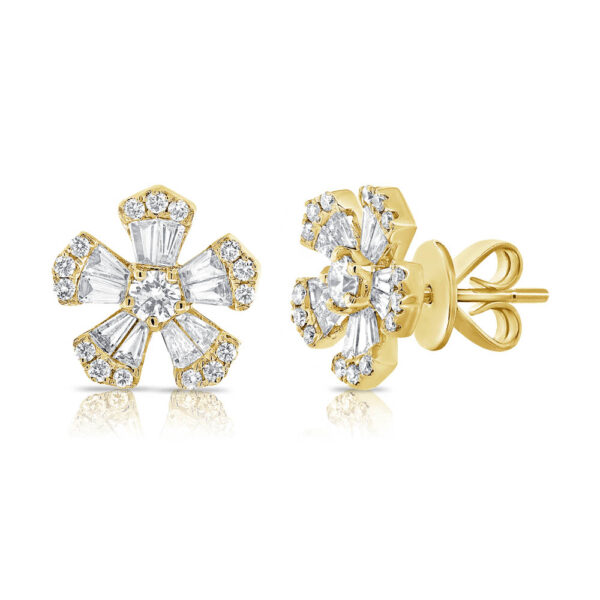 14K Yellow Gold Baguette and Round Diamond Flower Studs - Dallas TX