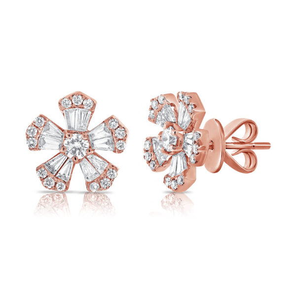 14K Rose Gold Baguette and Round Diamond Flower Studs - Dallas TX