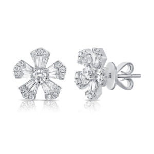 14K White Gold Baguette and Round Diamond Flower Studs - Dallas TX