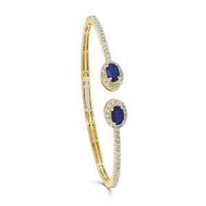 14K Yellow Gold Open Cuff Blue Sapphire and Diamond Bangle Bracelet - Dallas TX