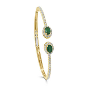 14K Yellow Gold Open Cuff Green Emerald and Diamond Bangle Bracelet - Dallas TX