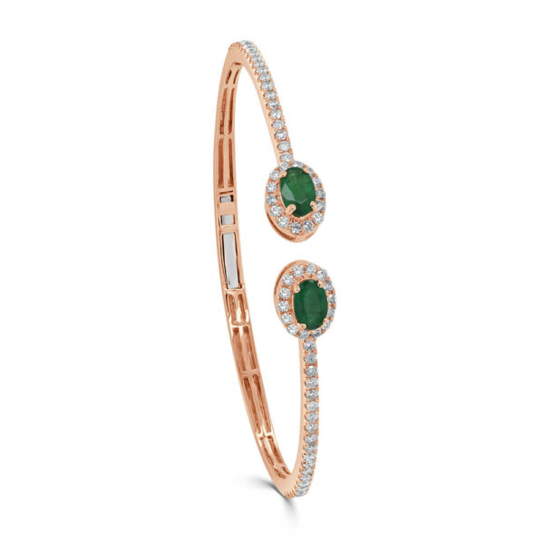 14K Rose Gold Open Cuff Green Emerald and Diamond Bangle Bracelet - Dallas TX