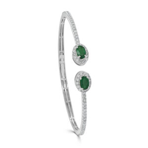 14K White Gold Open Cuff Green Emerald and Diamond Bangle Bracelet - Dallas TX