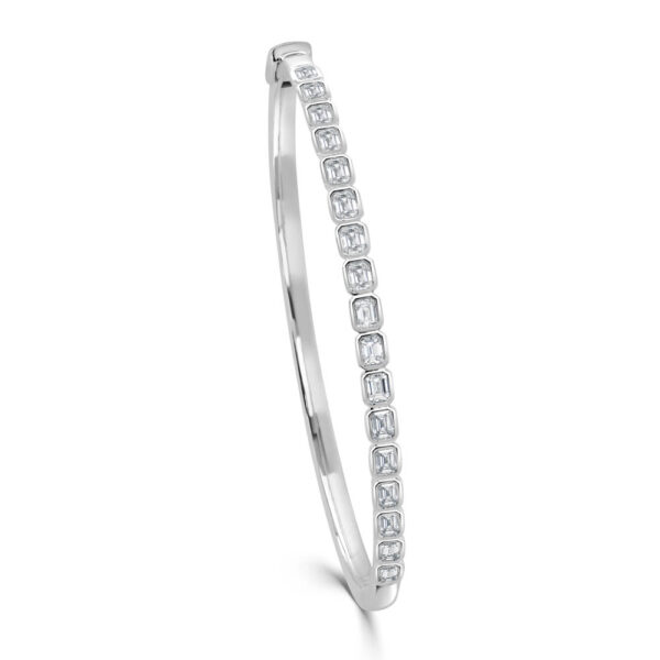 14K White Gold Emerald Cut Bezel Set Diamond Bangle Bracelet - Dallas TX