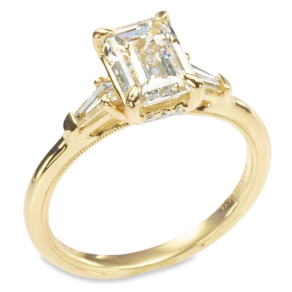 14K Yellow Gold Tapered Baguette Three-Stone Hidden Halo Diamond Engagement Ring Mounting - Dallas TX