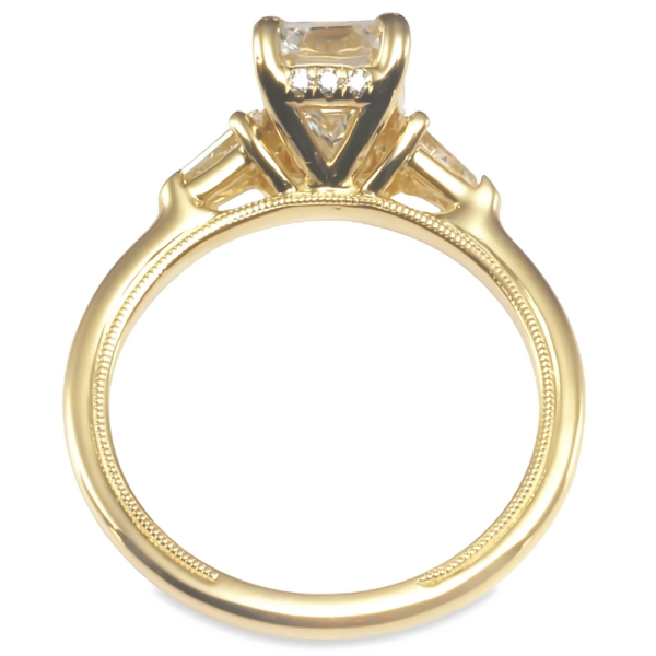 14K Yellow Gold Tapered Baguette Three-Stone Hidden Halo Diamond Engagement Ring Mounting - Mariloff Diamonds