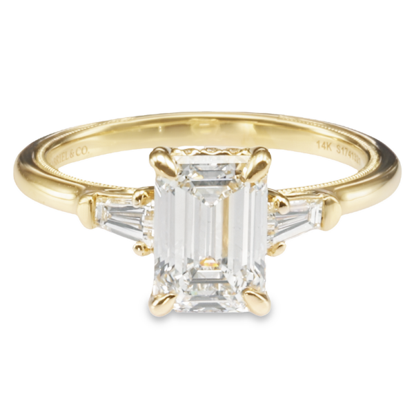 14K Yellow Gold Tapered Baguette Three-Stone Hidden Halo Emerald Diamond Engagement Ring Mounting - Dallas TX Mariloff Diamonds
