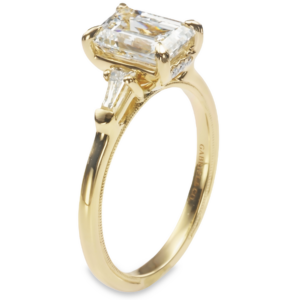 14K Yellow Gold Tapered Baguette Three-Stone Hidden Halo Emerald Diamond Engagement Ring Mounting - Dallas TX