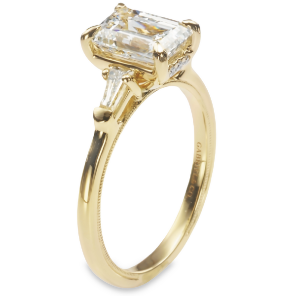 14K Yellow Gold Tapered Baguette Three-Stone Hidden Halo Emerald Diamond Engagement Ring Mounting - Dallas TX