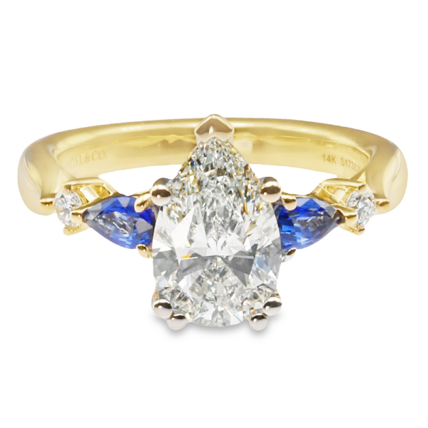 14K Yellow Gold Five-Stone Pear Blue Sapphire Engagement Ring Mounting - Mariloff Diamonds