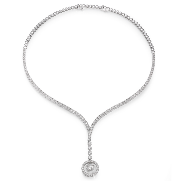 18K White Gold Round Brilliant Cut Diamond Halo V-Shape Necklace - Dallas TX