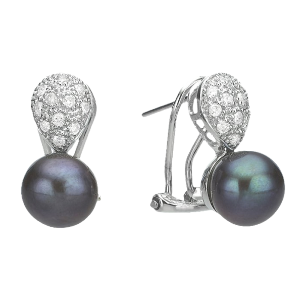 14K White Gold Diamond Cluster and Tahitian Pearl Earrings - Dallas TX