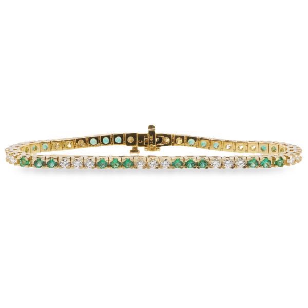 14K Yellow Gold Round Green Emerald and Diamond Station Tennis Bracelet - Dallas TX