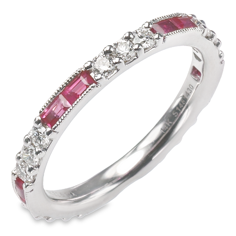 14K Gold Baguette-Cut Ruby and Diamond Stackable Band - Dallas TX | Mariloff Diamonds