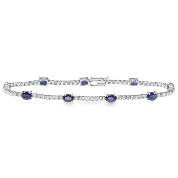 14K White Gold Oval-Cut Blue Sapphire Diamond Station Tennis Bracelet - Dallas TX