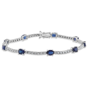 14K White Gold Oval-Cut Blue Sapphire Diamond Station Tennis Bracelet - Dallas TX