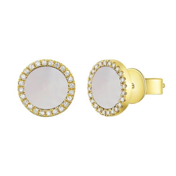 14K Yellow Gold Mother of Pearl Inlay Halo Diamond Studs - Dallas TX | Mariloff Diamonds