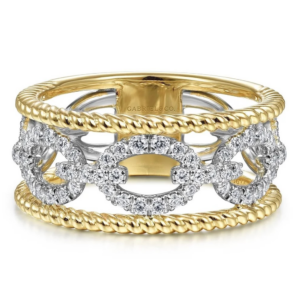 14K Gold Two-Tone Diamond Link Twisted Rope Fashion Ring - Dallas TX | Mariloff Diamonds