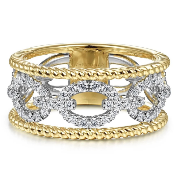 14K Gold Two-Tone Diamond Link Twisted Rope Fashion Ring - Dallas TX | Mariloff Diamonds