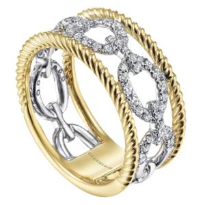 14K Gold Two-Tone Diamond Link Twisted Rope Fashion Ring - Dallas TX | Mariloff Diamonds