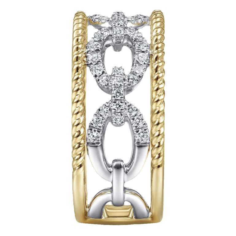 14K Gold Two-Tone Diamond Link Twisted Rope Fashion Ring - Dallas TX | Mariloff Diamonds