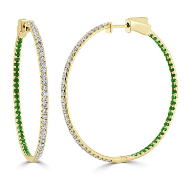 14K Yellow Gold Green Emerald and Diamond In-and-Out Hoop Earrings - Dallas TX