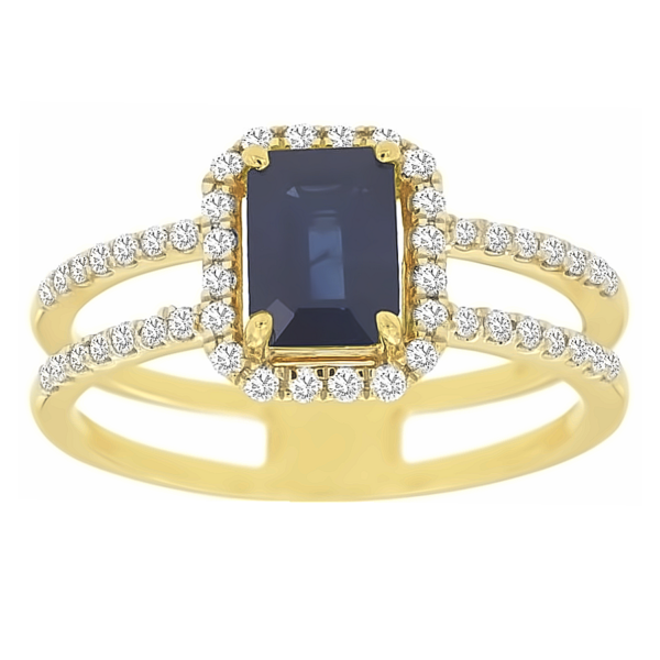 14K Yellow Gold Emerald-Cut Sapphire Diamond Halo Fashion Ring - Dallas | Mariloff Diamonds
