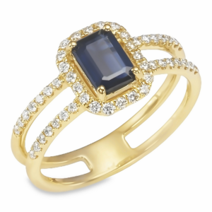 14K Yellow Gold Emerald-Cut Sapphire Diamond Halo Fashion Ring - Dallas TX
