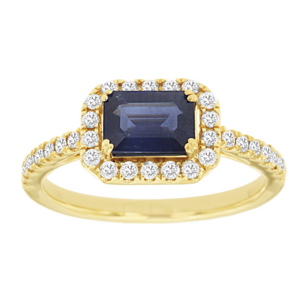 14K Yellow Gold East-West Blue Sapphire Diamond Halo Fashion Ring - Dallas TX