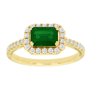 14K Yellow Gold East-West Green Emerald Diamond Halo Fashion Ring - Dallas TX