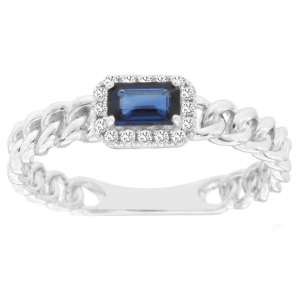 14K White Gold East-West Set Blue Sapphire and Diamond Halo Chain-Link Fashion Ring - Dallas TX