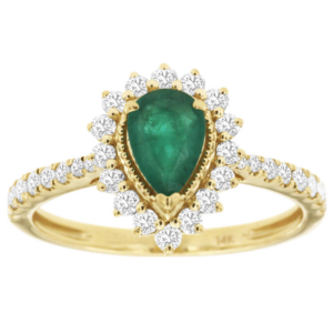 14K Yellow Gold Pear-Cut Green Emerald Diamond Halo Fashion Ring - Dallas TX