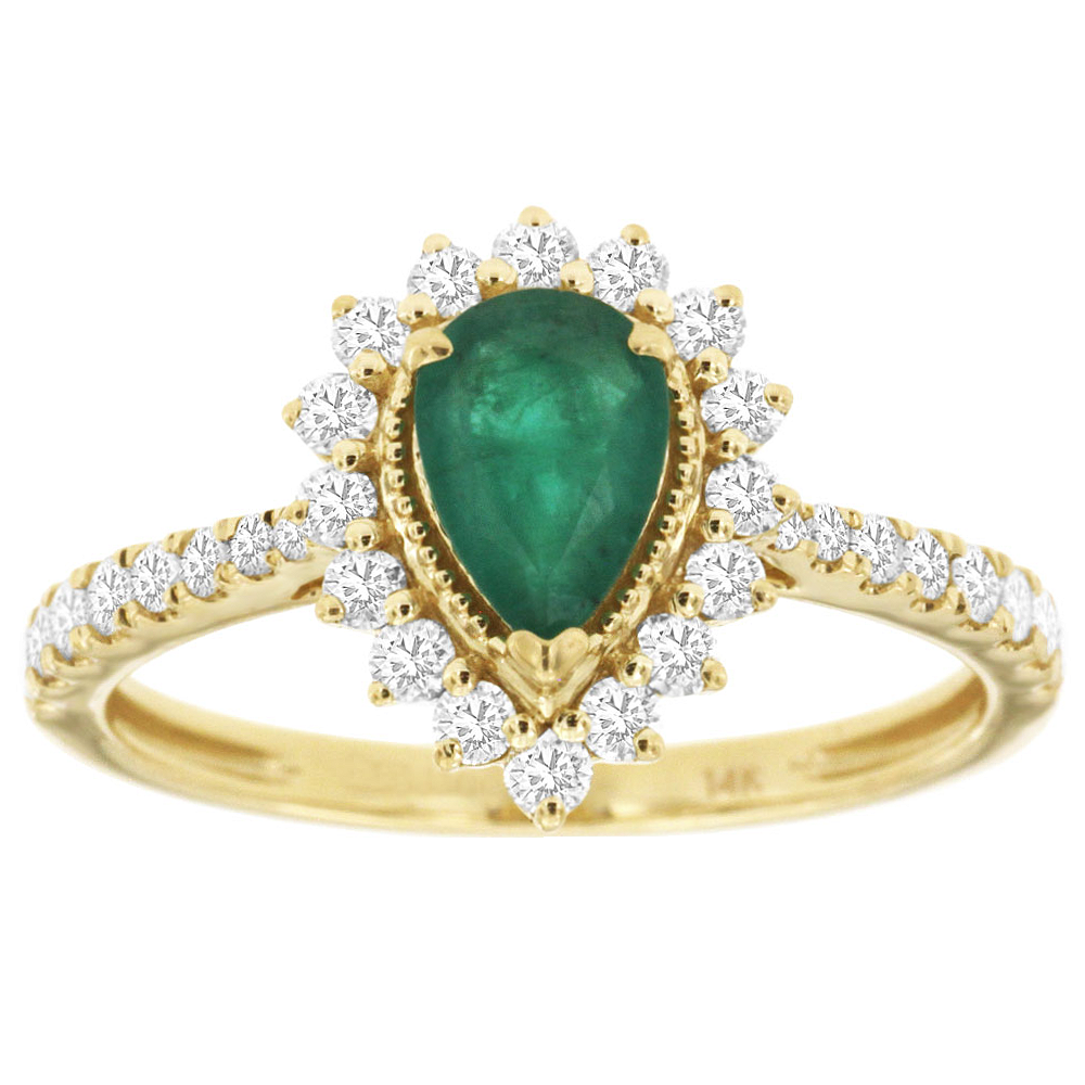 14K Gold Pear-Cut Green Emerald Diamond Halo Ring | Dallas TX