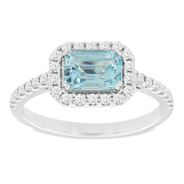 14K White Gold East-West Set Aquamarine Diamond Halo Fashion Ring - Dallas TX