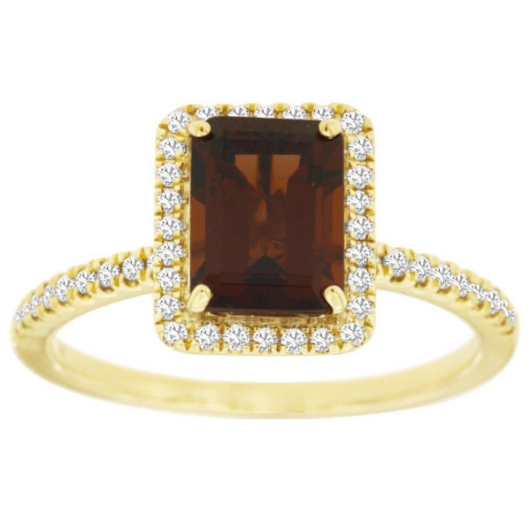 14K Yellow Gold Emerald-Cut Garnet and Diamond Halo Fashion Ring - Dallas TX